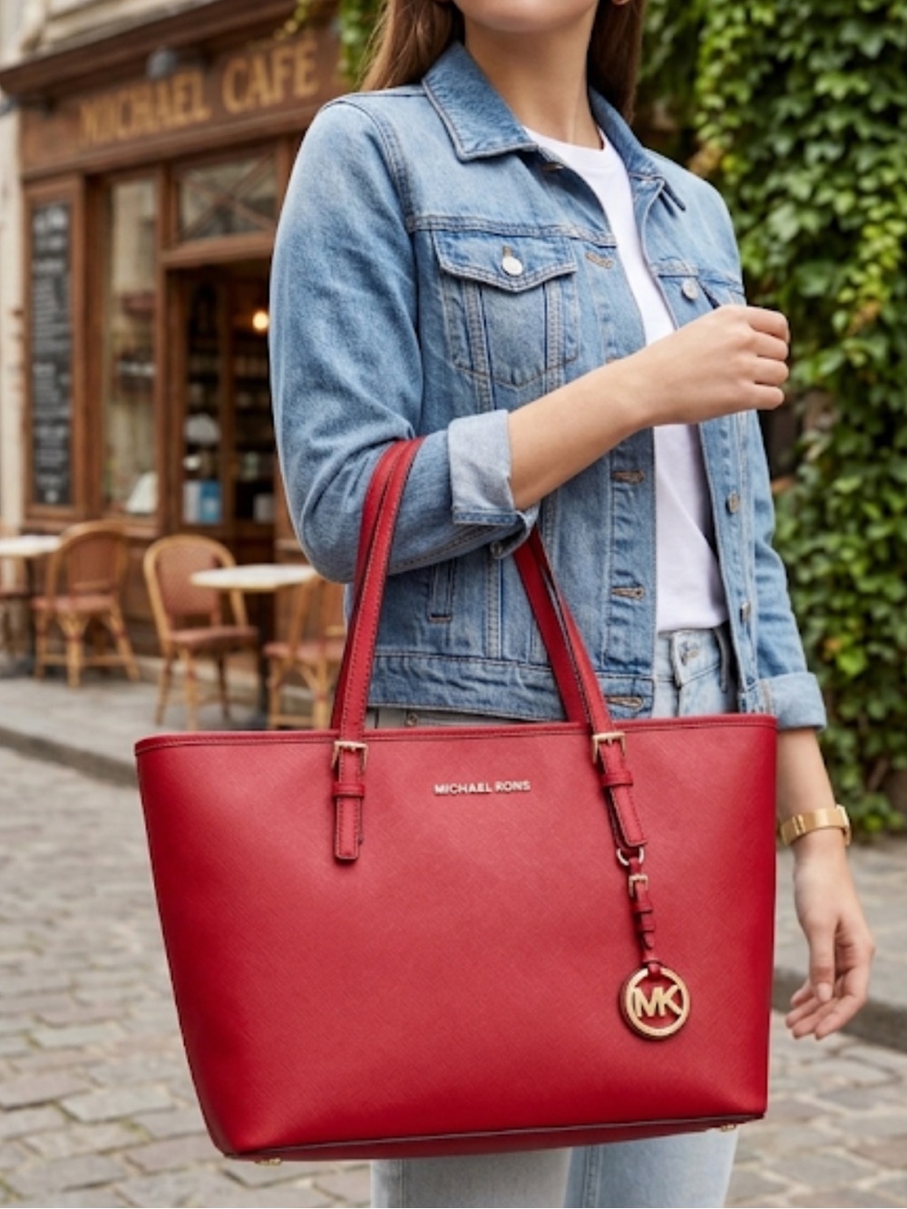 Michael Kors Crimson Saffiano Leather Tote with Gold Hardware
